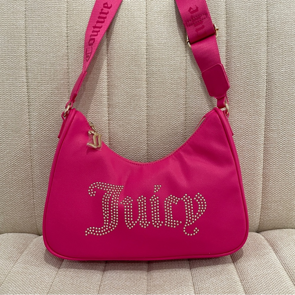 NEW Juicy Couture Hot Pink Studded Logo Hobo Crossbody Bag Gold Hardware Y2K